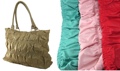 Gathered Leather Look Handbags with Ring Straps and Studs Blue/Green with White Handles