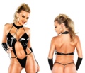 Wet Look Thong Back Teddy with Ring Accents Black 1x/2X