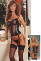 3 Piece Faux Leather and Fishnet Underwire Bustier Set with Removable Garters Black Large
