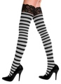 Nylon Striped Thigh High Stockings with Lace Tops Black & White