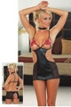 3 Piece Mesh and Faux Leather Babydoll Set with Flower Appliques Black