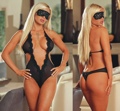 2 Piece Sheer Lace Trim Teddy Set with Lace Mask Black