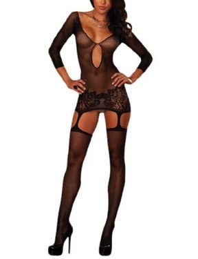 Fishnet Garter Dress With Thigh Highs Black Queen